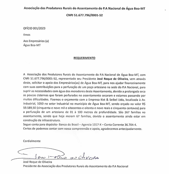 Projeto de Assentamento Nacional de Água Boa pede ajuda para perfurar poço artesiano