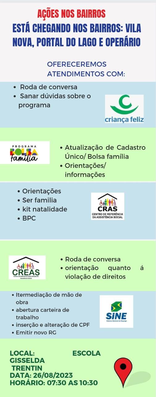 Secretaria de Assistência Social vai realizar ação no bairro Vila Nova no sábado (26)