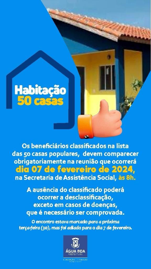 Beneficiários de casas populares em Água Boa devem comparecer à reunião quarta-feira
