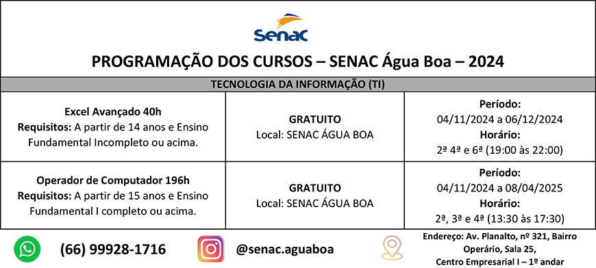 SENAC Água Boa oferece cursos gratuitos de informática e abre portas para o mercado de trabalho