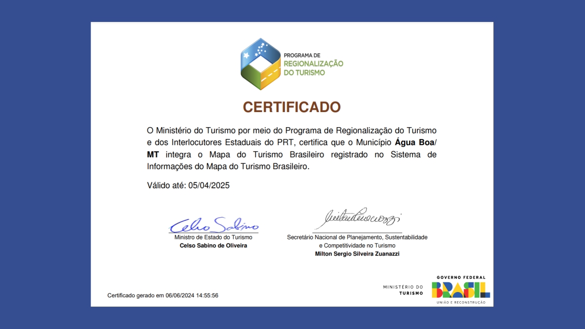 Água Boa recebe certificado de integração no Mapa do Turismo Brasileiro