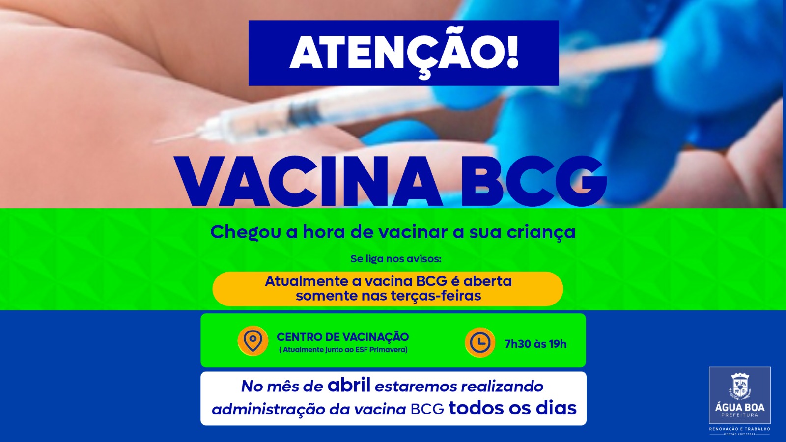 Em abril, vacina BCG será administrada todos os dias
