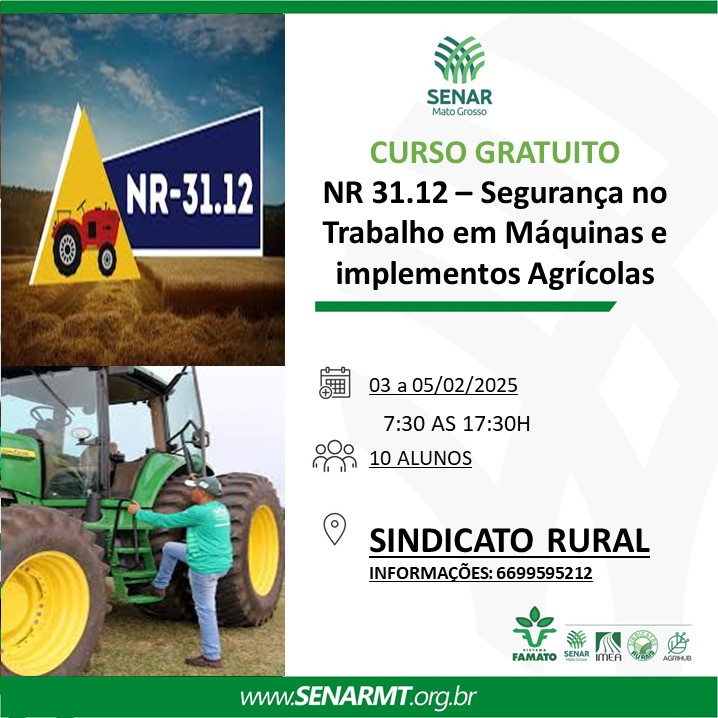 SENAR oferece curso gratuito de segurança no trabalho com máquinas agrícolas em Água Boa