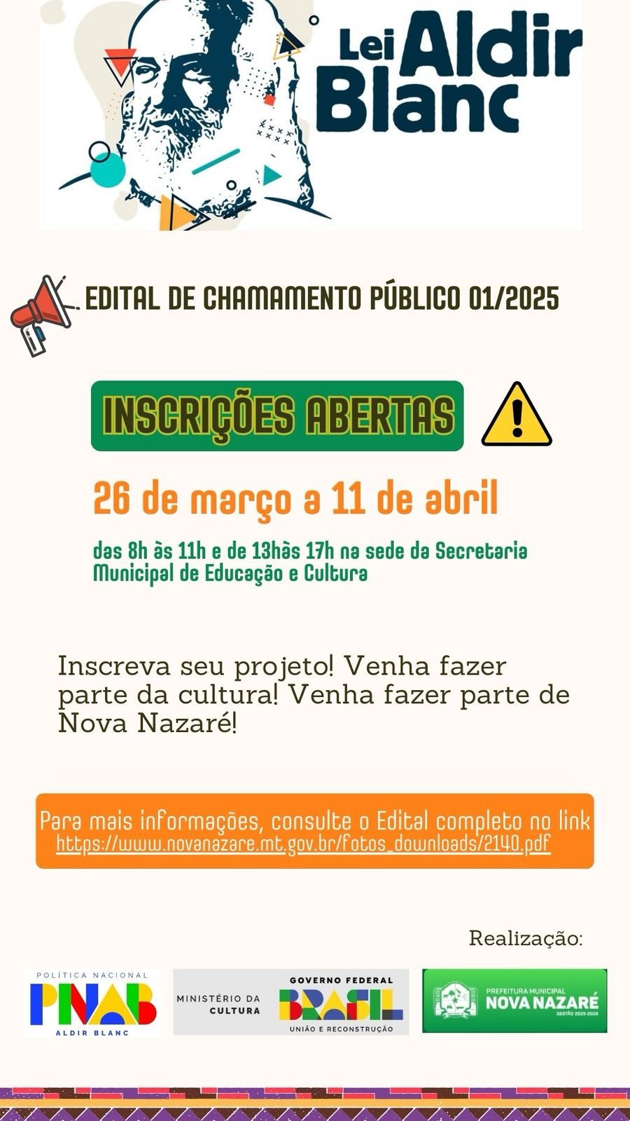 Prefeitura de Nova Nazaré abre inscrições para Chamamento Público na área da Educação e Cultura