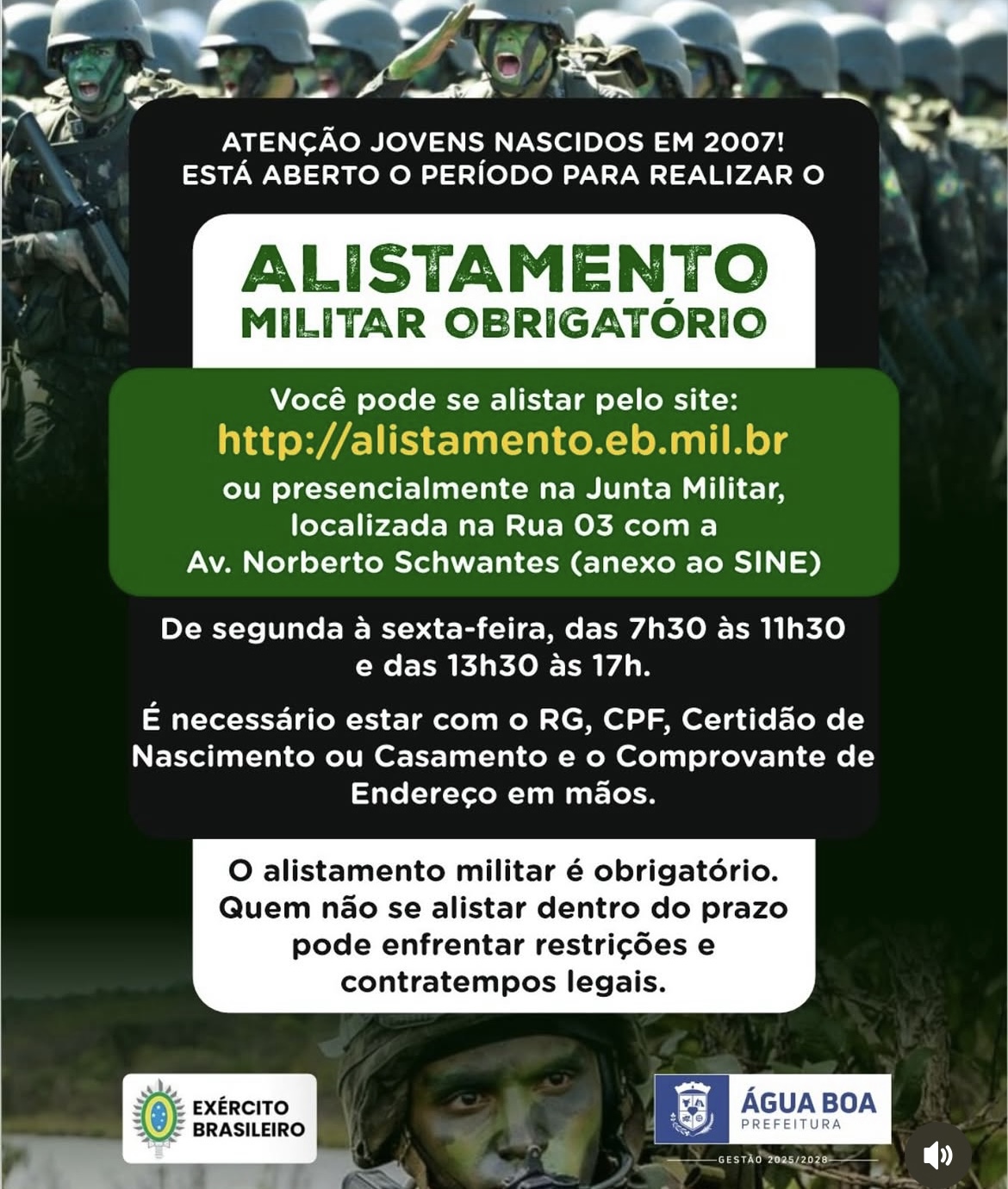 Alistamento Militar obrigatório para jovens nascidos em 2007 já está aberto