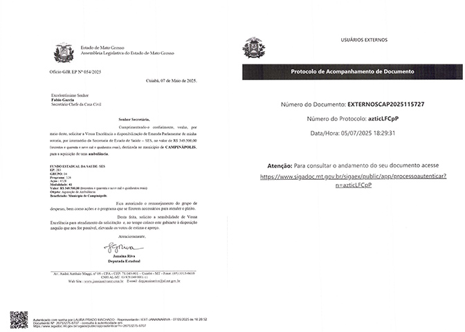 Vereador solicita emenda de R$ 349,5 Mil para aquisição de ambulância em Campinápolis