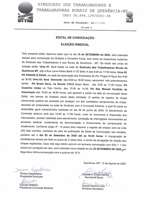 Edital de convocação Eleição Sindical do Sindicato dos Trabalhadores e Trabalhadoras Rurais de Querência - MT CNPJ 36. 894 . 129/0001-38