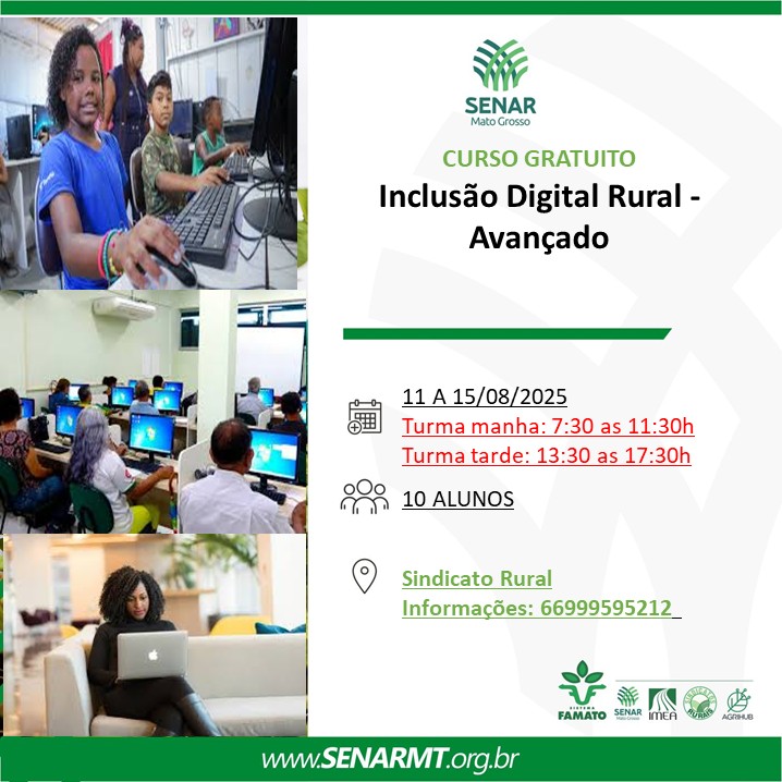 Curso gratuito de Inclusão Digital Rural Avançado é oferecido pelo SENAR-MT em parceria com o Sindicato Rural