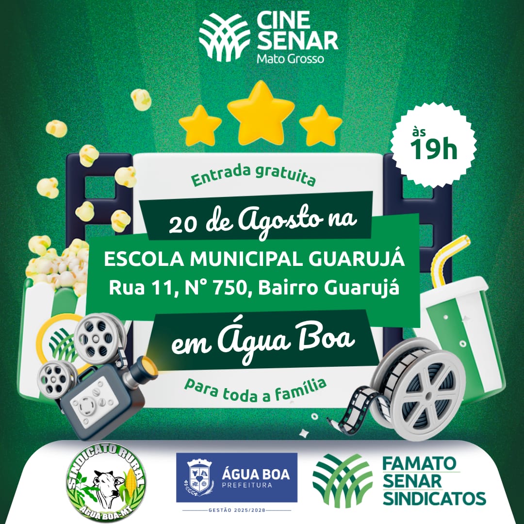 Cine Senar leva cinema gratuito para a comunidade de Água Boa no dia 20 de agosto