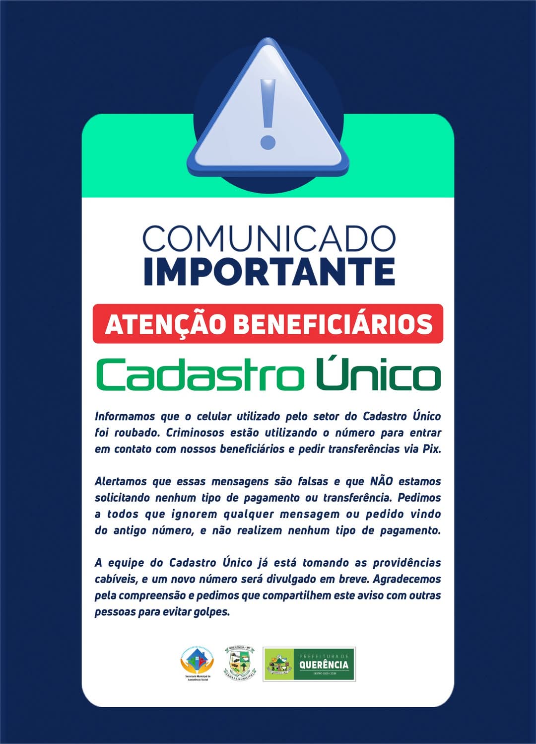 Golpistas usam número de celular roubado do Cadastro Único de Querência para tentar fraudar beneficiários via Pix