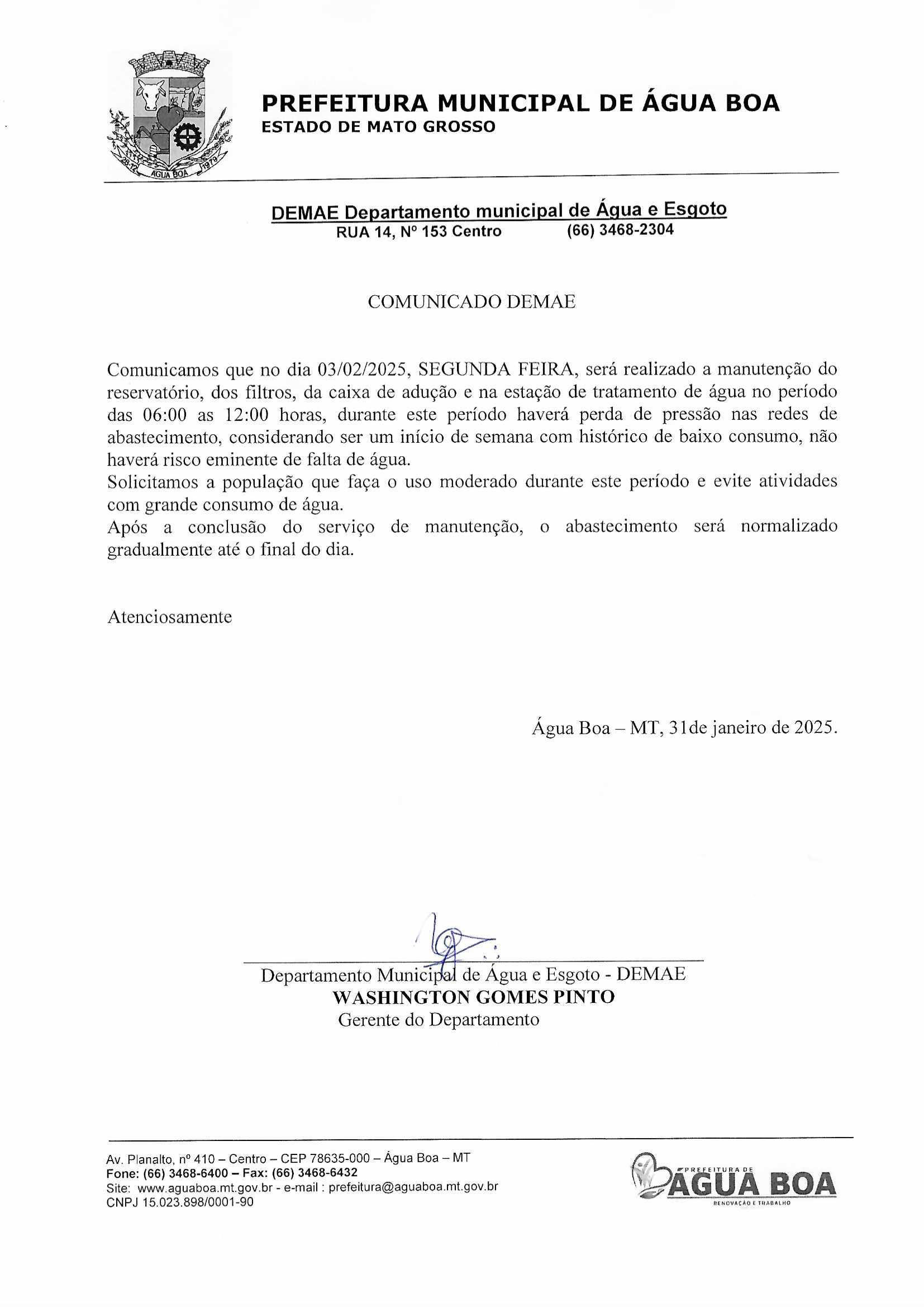DEMAE promoverá limpeza de reservatório do sistema de captação de água na segunda-feira, 03/02