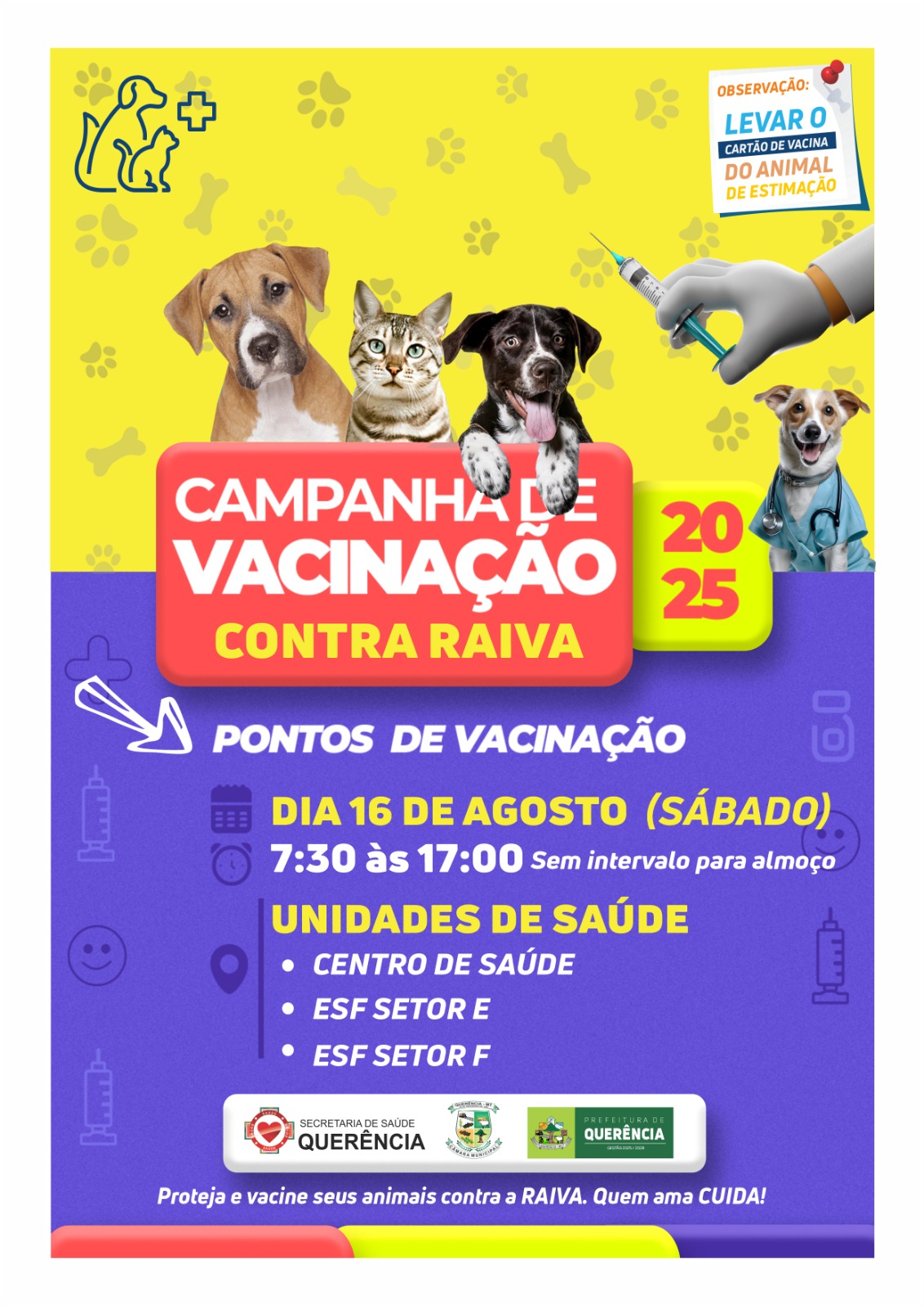 Campanha de vacinação contra a raiva será realizada no sábado (16) em Querência