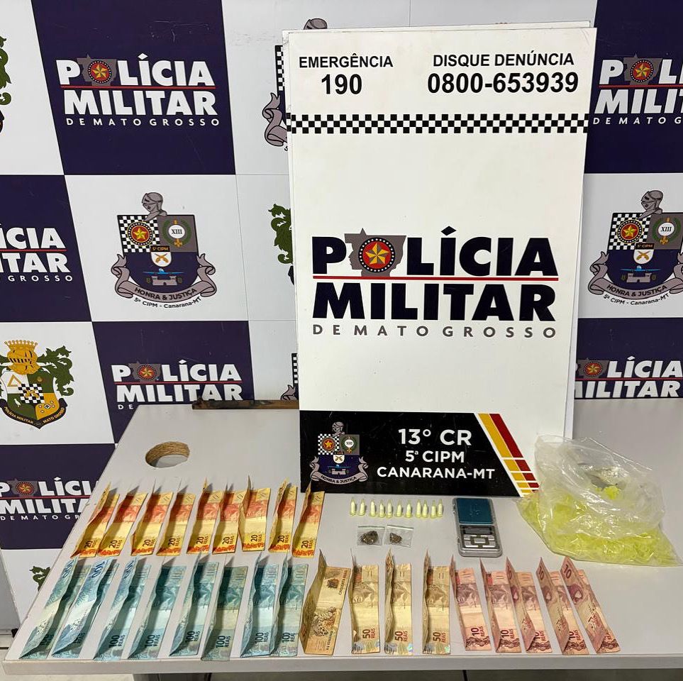 PM flagra troca de entorpecentes e prende dois suspeitos com cocaína, maconha e balança de precisão em Canarana