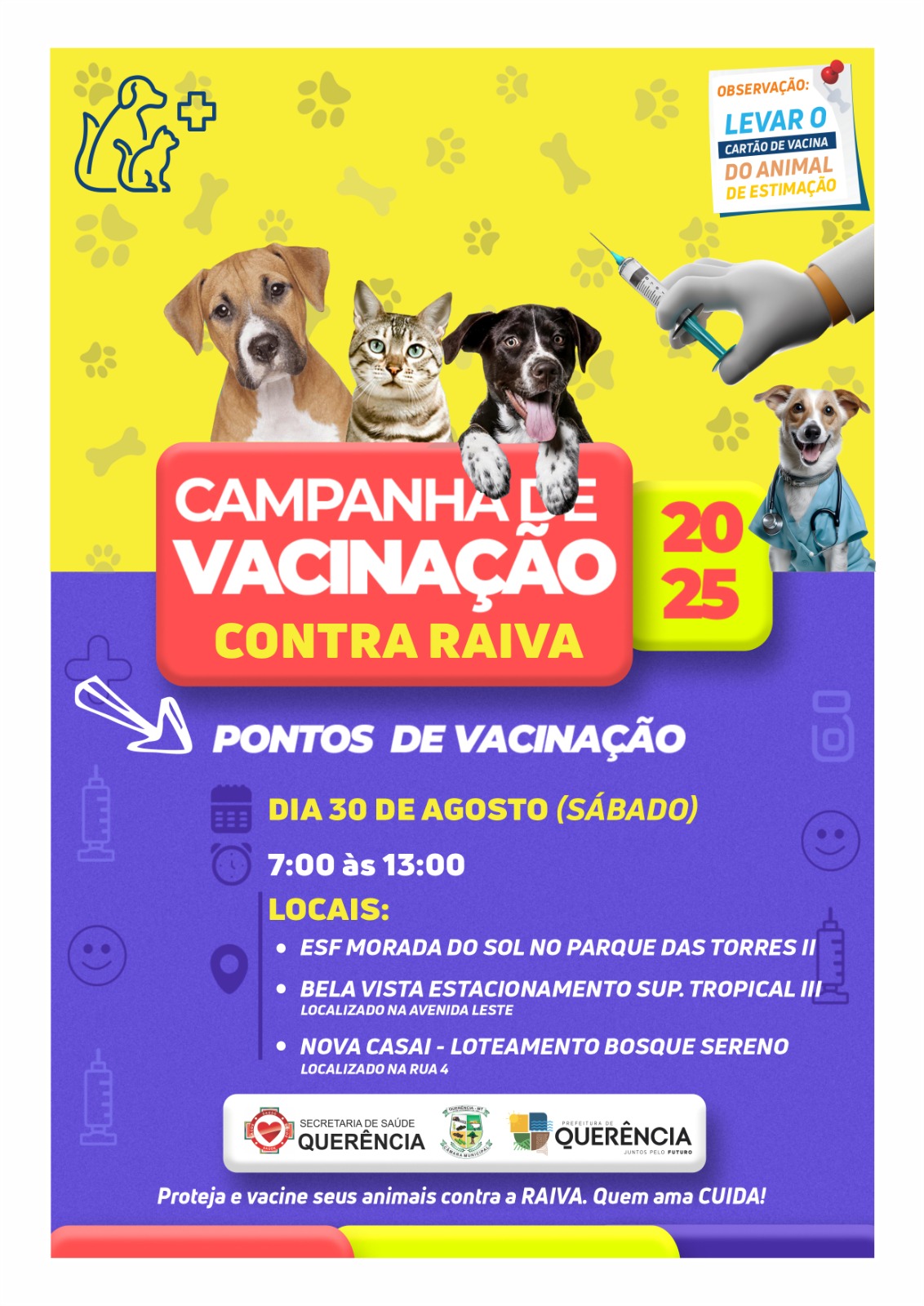 Querência promove vacinação antirrábica neste sábado (30) com três pontos de atendimento