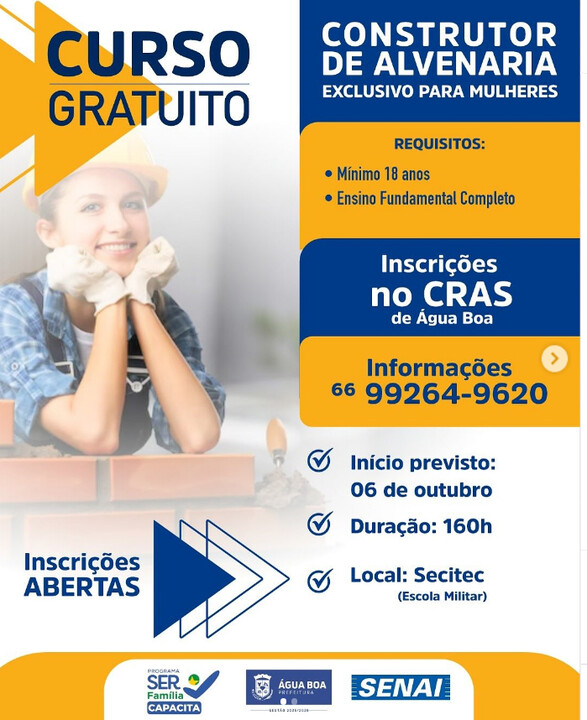 Cursos de construtor de alvenaria e operador de empilhadeira
