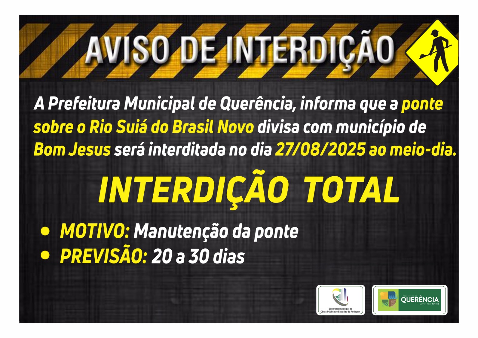 Ponte sobre o Rio Suiá será interditada por manutenção a partir de 27 de agosto