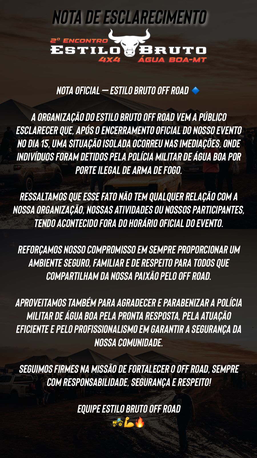 Organizadores informam que incidente pós-evento Off Road não tem relação com a entidade