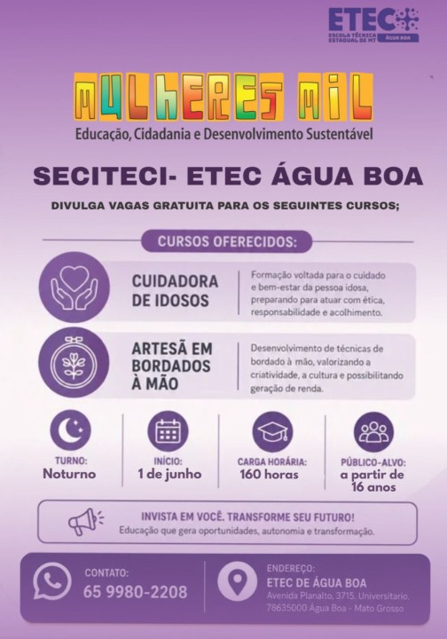 ETEC Água Boa abre vagas gratuitas para cursos de Cuidadora de Idosos e Bordados à Mão