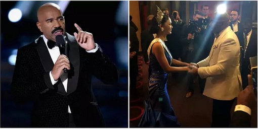 Steve Harvey no palco e nos bastidores, quando se desculpou com a Miss Filipinas