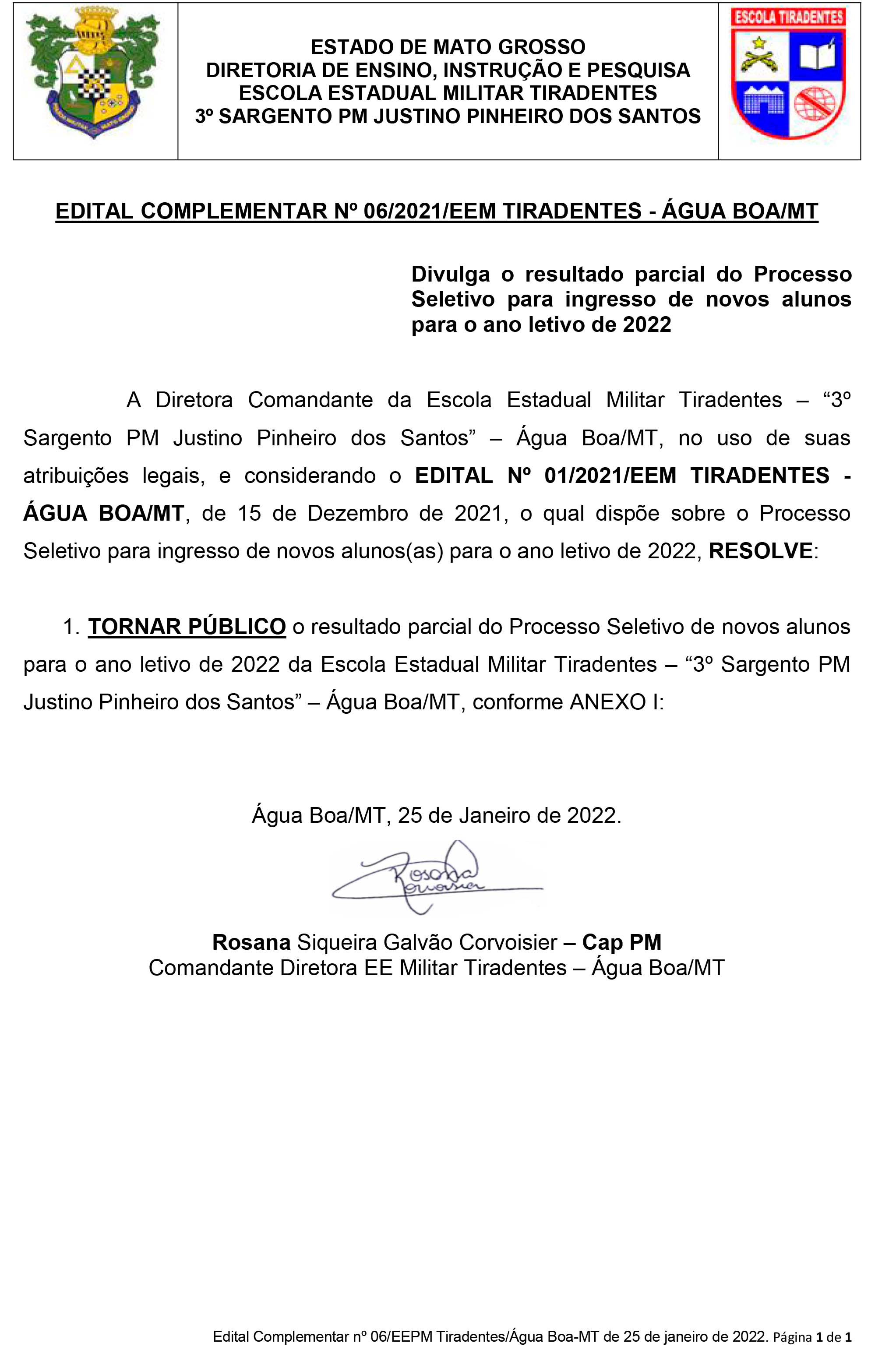 EDITAL COMPLEMENTAR N 06.2021.EEM TIRADENTES AGUA BOA RESULTADO PARCIAL 1