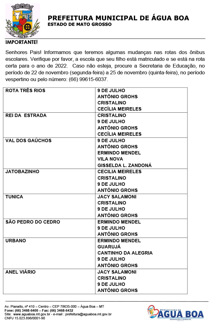 rotas dos onibus escolares 
