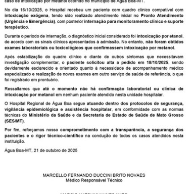 Atualizada: suspeita de ingestão de metanol: Hospital Regional emite nota